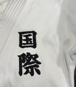 国際 (kokusai) kanji embroidered on an IIJC gi